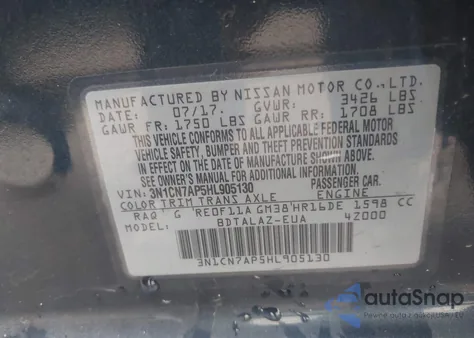 2017 Nissan Versa 1.6 S+ from USA, damaged, VIN 3N1CN7AP5HL905130